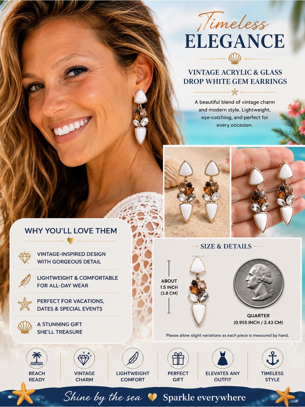 Vintage Acrylic and Glass Drop White Gem Earrings